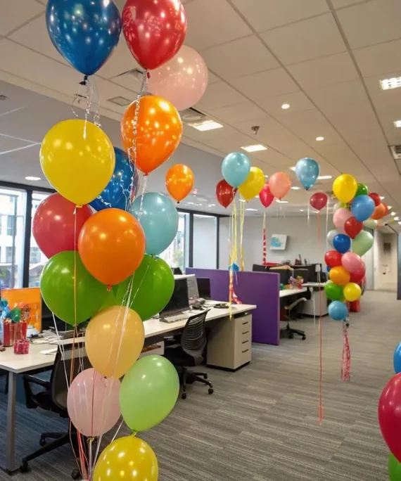 Office balloon decoration setup with blue red orange yellow green pink white and purple balloons, balloon bunches and helium balloon bunches by Event Experts UAE in Dubai Abu Dhabi Sharjah Ajman Ras Al Khaimah Fujairah Umm Al Quwain