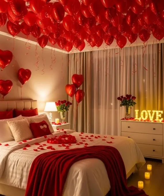 Valentine’s Day balloon decoration with red balloons, 8 large red foil hearts, 5 small foil hearts, 50 wall balloons, roses, rose petals, 8 candles, and “LOVE” light in Dubai, UAE by Event Experts.