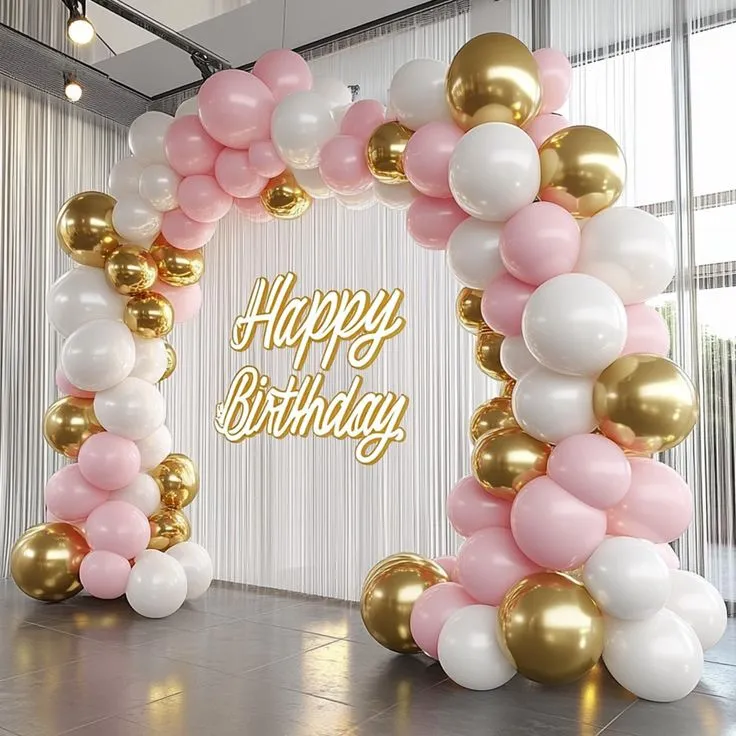 Birthday arch balloon decoration with golden, white and light pink balloons and Happy Birthday wall sign in Dubai, UAE by Event Experts.