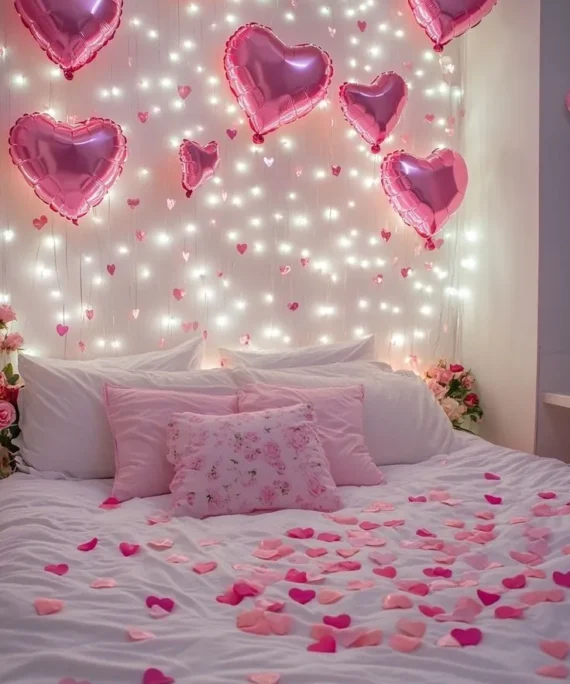 Valentine’s Day balloon decoration with 8 pink heart foil balloons, lights, and pink rose petals on the bed in Dubai, UAE by Event Experts.