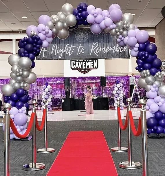 Office and shop opening balloon arch decoration with dark purple light purple silver and grey balloons and red carpet entrance by Event Experts UAE in Dubai Abu Dhabi Sharjah Ajman Ras Al Khaimah Fujairah Umm Al Quwain