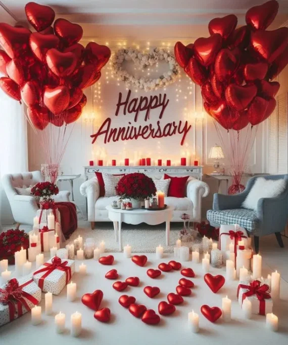 Anniversary balloon decoration with 20 helium heart foil balloons, anniversary banner, 15 roses bouquet, small foil heart balloons, candles, and decorative lights in Dubai, UAE by Event Experts.