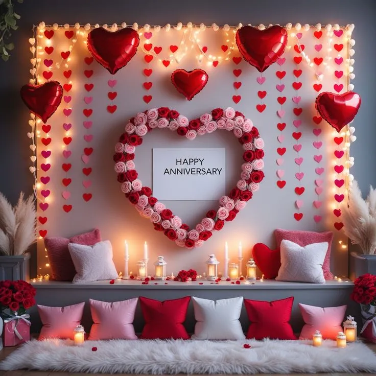 Anniversary balloon decoration with 6 red heart foil balloons, pink balloons, artificial roses, lights, candles, rose petals, and Happy Anniversary board in Dubai, UAE by Event Experts.
