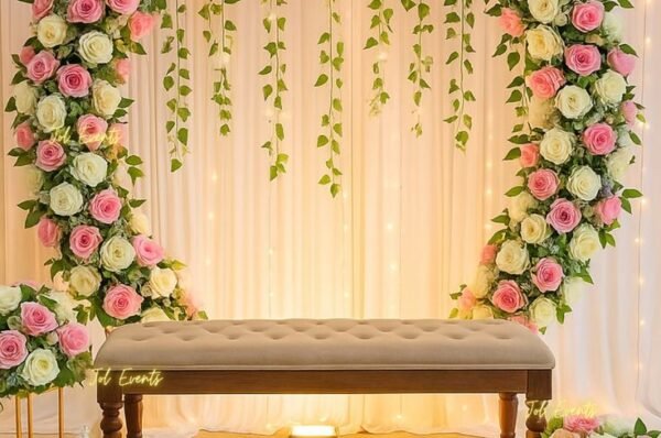 Floral wedding arch with bench artificial flower decoration in dubai ,sharjah,ajman,UAE