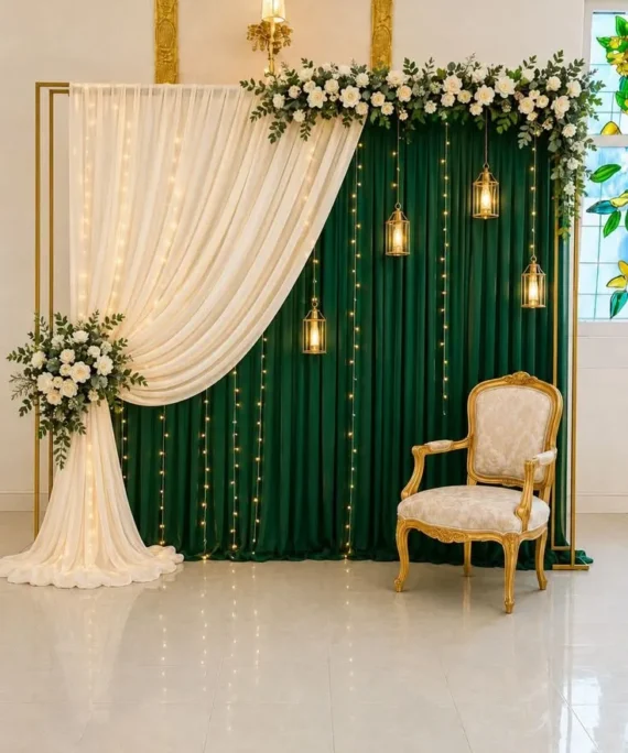 Mehndi curtain backdrop decoration setup with green and white curtains, white artificial flowers, green leaves, battery lights, and decorative lanterns.
