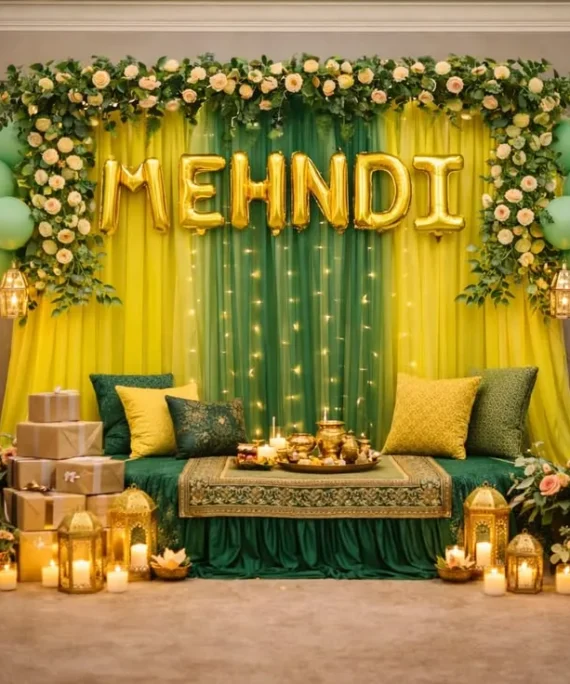 Mehndi curtain backdrop with balloon decoration setup featuring green and yellow curtains, green and yellow balloons, Mehndi foil banner, artificial flowers, artificial leaves, warm lights, and decorative candles.