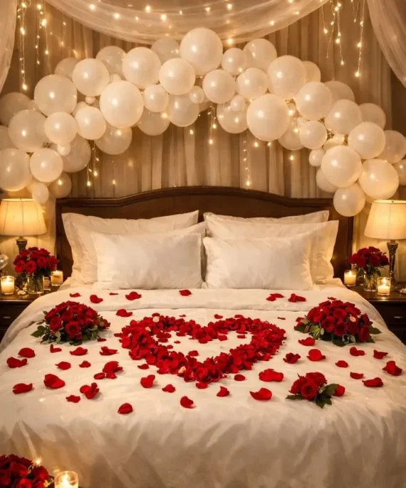 First night balloons and flower decoration setup with white half balloon arch, white balloons, curtain lights, battery candles, rose petals, and fresh roses for a romantic wedding room.
