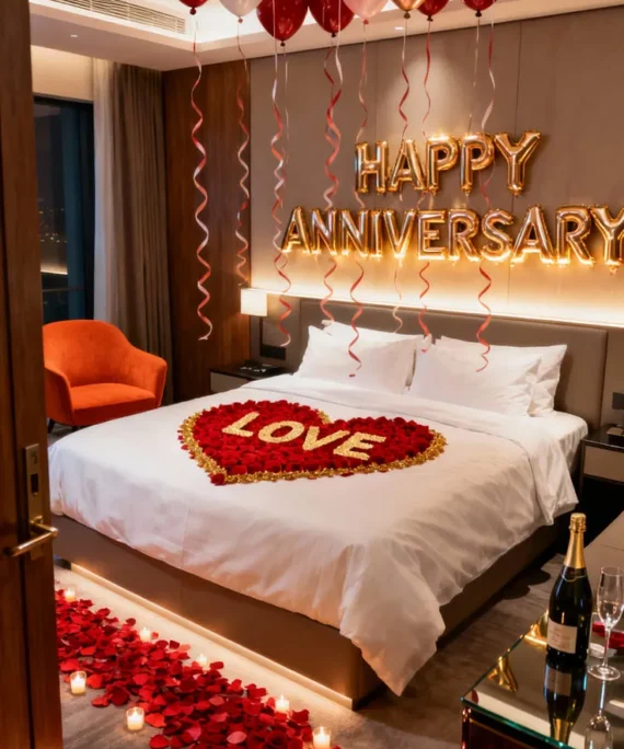Happy Anniversary balloon room decoration setup with red, gold, and white balloons, Happy Anniversary gold foil balloon, wall balloons, floor balloons, rose petals, and LED candles.