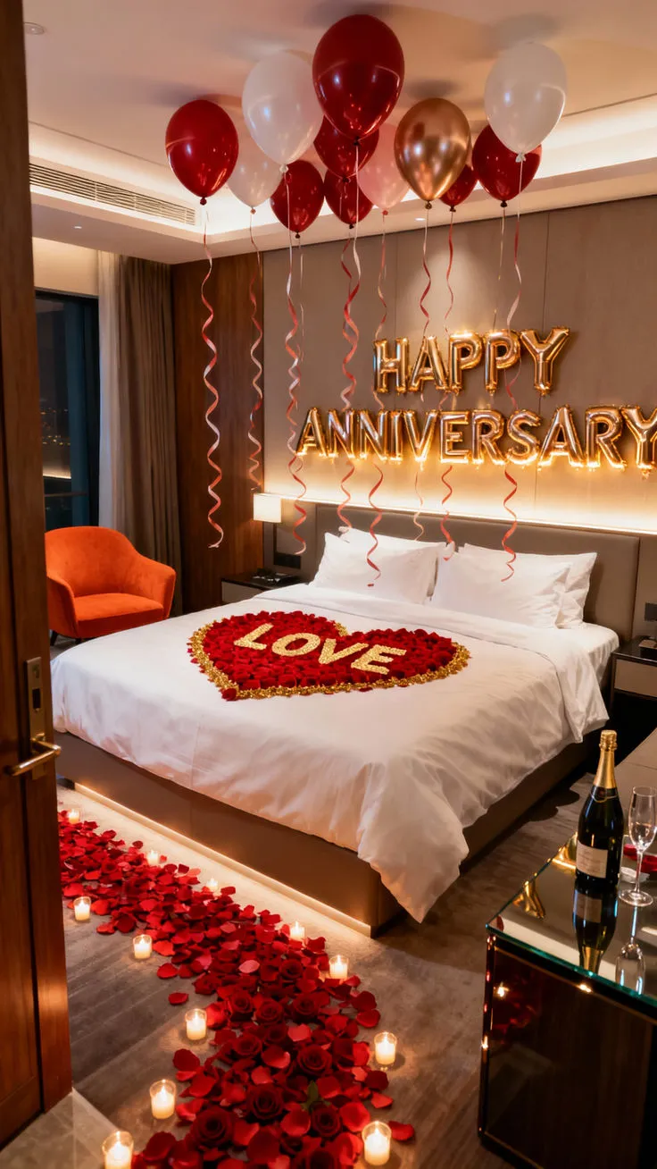 Happy Anniversary balloon room decoration setup with red, gold, and white balloons, Happy Anniversary gold foil balloon, wall balloons, floor balloons, rose petals, and LED candles.
