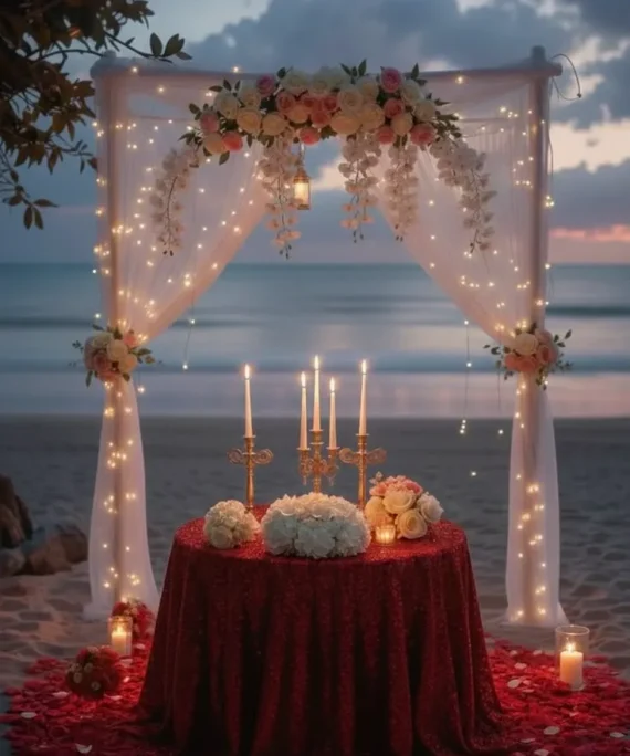 Beach anniversary flower and balloon decoration setup with white and pink balloons, white artificial flowers, white net cloth backdrop, fresh rose petals, red heart helium foil balloons, and LED candles.